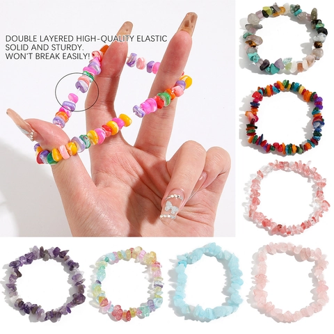 Pulsera De Cuentas De Chips De Piedra Natural Irregular Colorida Amatista Cuarzo Rosa Turquesa Elástica Joyería Mujeres