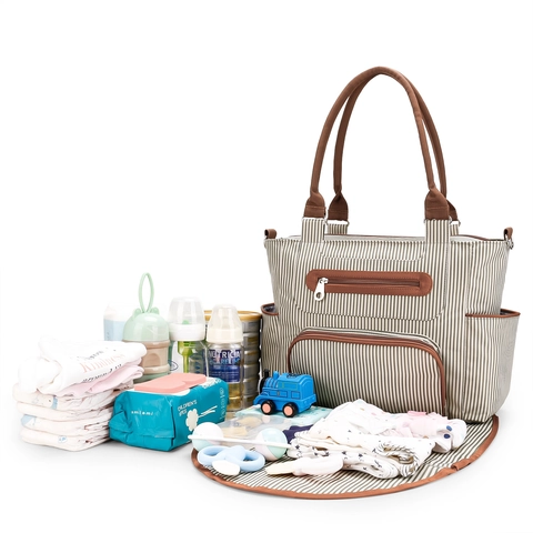 Multi Functional Diaper Bag Set Large Capacity Polyester Tote For Moms Striped Geometric Print With Changing Pad