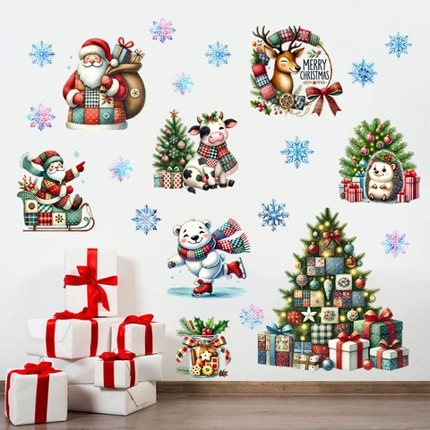 Christmas Wall Stickers PVC Waterproof Cartoon Santa Claus Reindeer Tree Decals For Home Holiday Window Decor