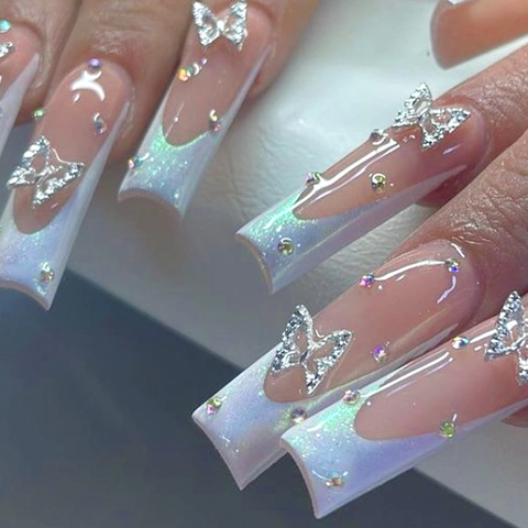 French Style Long Coffin Press On Nails With Silver Butterfly Decoration Rhinestone Glitter Fake Nails For Women Party Manicure Kit