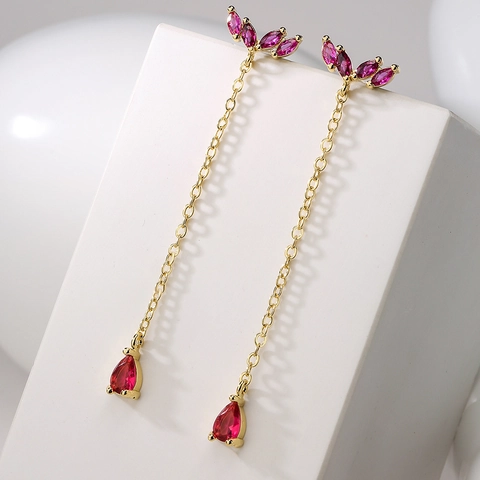Kupfer 18K Vergoldet Zirkonia Lange Quasten Ohrhänger Marquise Blatt Wassertropfen Stein Mit Kupfer Ohrstecker