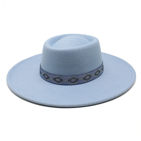 Chapeau Fedora En Feutre De Laine Large Bord Ruban Géométrique Ethnique Style Britannique Vintage Unisexe