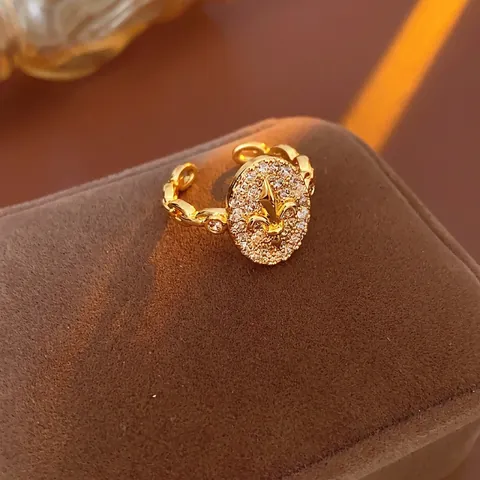 Fleur-De-Lis Offener Ring Kupfer Vergoldet Weiße Zirkonia Oval Retro Französischer Stil Verstellbarer Schmuck Damen