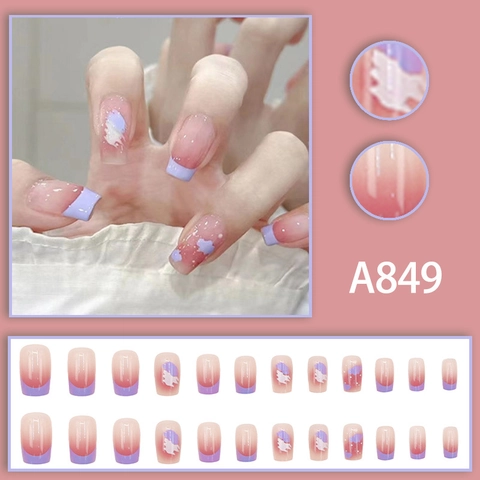 Purple French Blush Gradient Press On Nails Medium Square False Nails With Cloud Polka Dot Patterns For Women Girls Sweet Cute Style