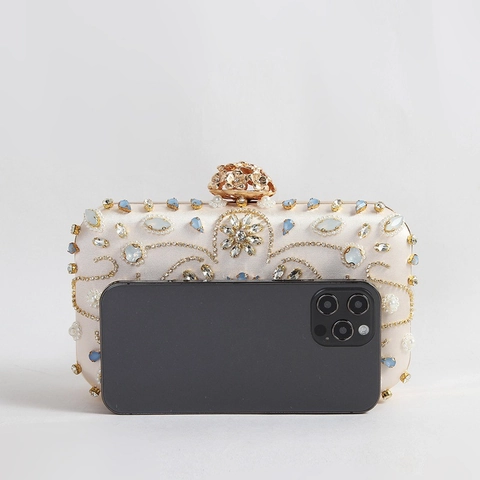 Abendtasche Clutch Strass Künstliche Perlen Bestickt Floral Satin Hartschale Handtasche Mit Abnehmbarer Kette Für Hochzeit Gala