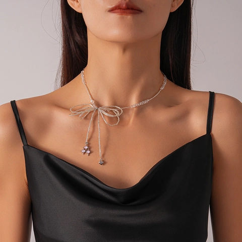 Bowknot Beaded Necklace Stainless Steel Glass Heart Pendant Clavicle Chain For Women Elegant Niche Style