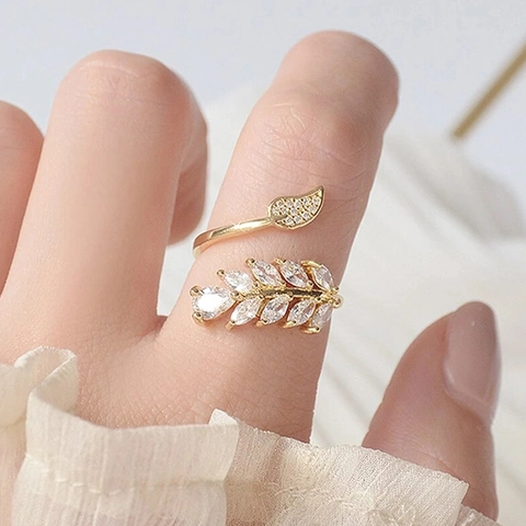 Anillo Ajustable Elegante Con Forma De Hoja Circonita Cobre Diseño De Espiga Joyería Para Mujer