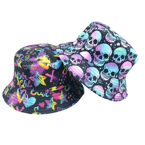 Halloween Skull Print Bucket Hat Double Sided Wearable Polyester Cotton Blend Sun Protection Fisherman Hat For Outdoor Party