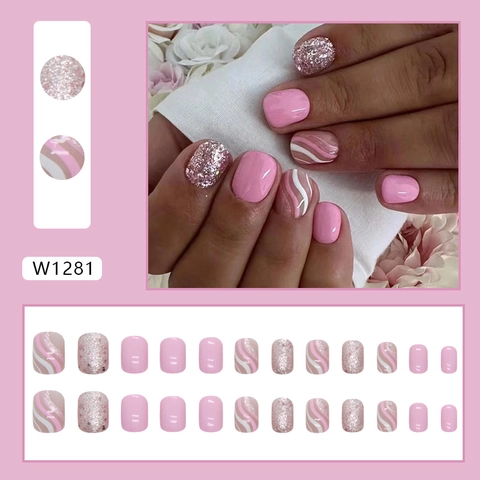 Uñas Postizas Cortas Rosa Blanco Purpurina Patrón De Ondas Uñas Artificiales Para Mujeres Estilo Dulce Ins