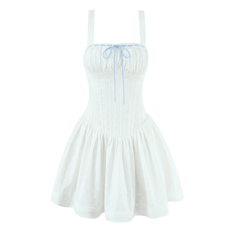 Französisches Vintage Süßes Weißes Spitze Besticktes Minikleid Spaghettiträger Korsett Taille Blaue Schleife Damen
