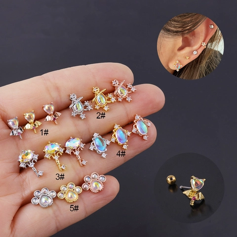 Synthetic Opal Stud Earrings Stainless Steel Earring Post Copper Zircon Heart Key Cat Paw Cartilage Piercing Jewelry Women