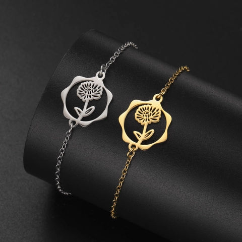 Bracciale in Acciaio Inossidabile Fiore di Nascita Ciondolo Floreale Cavo Catena Regolabile Oro Argento per Donna Gioielli Regalo Compleanno