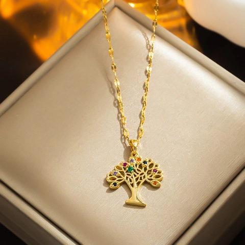 Collier Pendentif Arbre De Vie En Acier Inoxydable Titane Avec Strass Zircon Coloré Bijoux Boho Pour Femmes