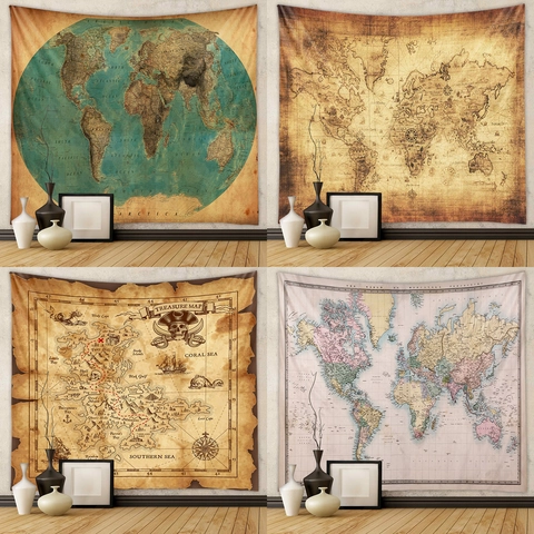 Vintage Weltkarte Wandteppich Retro Schatzkarte Wandbehang Für Schlafzimmer Wohnzimmer Dekor Polyester Stoff