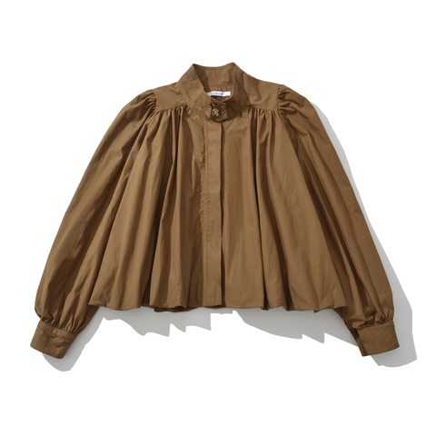 Women Pleated Blouse Cotton Nylon Blend Stand Collar Long Lantern Sleeve Solid Color Casual Loose Spring Shirt