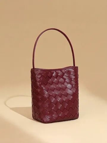 Bolso De Cubeta De Cuero PU Tejido Para Mujer Minimalista Color Sólido Bolso Bandolera Ligero Elegante Bolso De Hombro