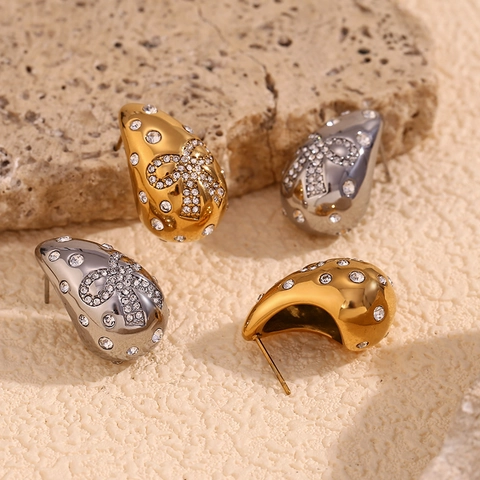 Pendientes De Botón De Acero Inoxidable En Forma De Lágrima Con Lazo De Strass Chapados En Oro De 18K Joyería Elegante Para Mujer