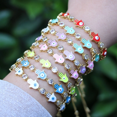 Bohemian Hand der Fatima Böser Blick Emaille Kupfer Armband Für Damen Verstellbar Gold Zirkonia Vintage Schmuck Geschenk