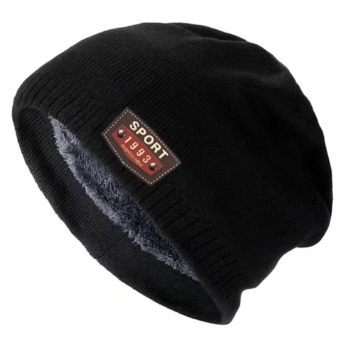 Berretto In Maglia Invernale Con Fodera In Pile Caldo Con Patch In Pelle Sport All'aperto