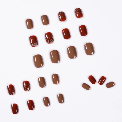 Press On Nails Burgundy Red Brown Gold Foil Glossy Short Round Square Artificial Fake Nails For Women