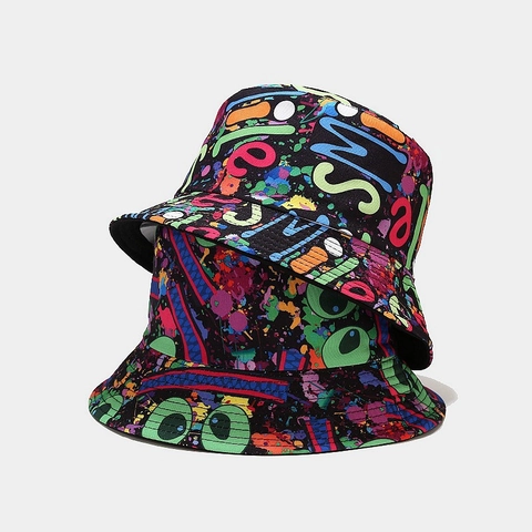 Polyester Graffiti Print Bucket Hat Reversible Sun Protection Hip Hop Streetwear Fisherman Cap For Men Women