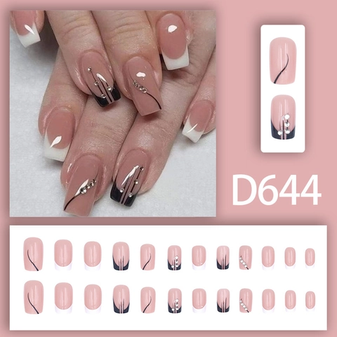 Faux Ongles Style Français Longs Carrés À Presser Avec Strass Et Motif Noir Et Blanc Style Ins Élégant Pour Femmes