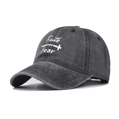 Cappellino Da Baseball In Cotone Lavato Faith OVER Fear Croce Ricamata Distressed Retro Regolabile Cappello Da Sole Uomo Donna