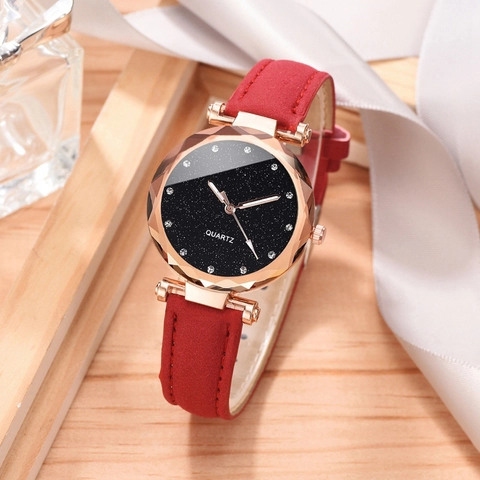 Women Quartz Watch Starry Sky Dial Faceted Glass Lens Rhinestone Markers PU Leather Strap Fashion Wristwatch And Bracelet