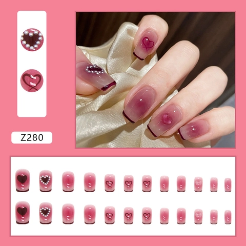 Press On Nails Short Square French Blush Pink Gradient Heart Pattern With Artificial Pearl Decor Artificial Fake Nails For Women