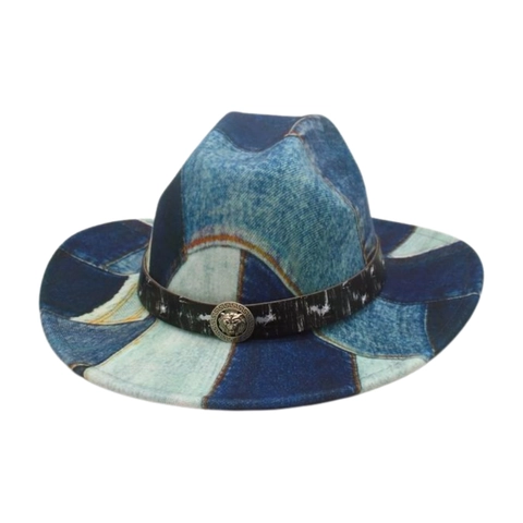 Cappello Fedora In Patchwork Di Denim Retrò A Tesa Larga Stile Western Con Accessorio Testa Di Leone In Metallo Vintage Per Uomo Donna