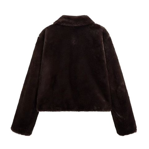 Women Faux Fur Jacket Brown Long Sleeve Zipper Lapel Short Plush Coat Casual Solid Color Fashion Outerwear