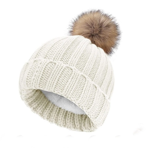 Bonnet Beanie Avec Pompon En Fausse Fourrure Doublé Polaire Tricoté Chaud Hiver Casquette Épaisse Pour Femmes Enfants Couleur Unie Souple