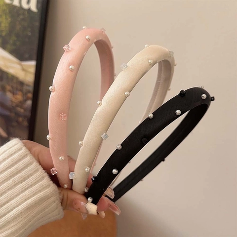 Elegant Padded Headband Satin Fabric With Faux Artificial Pearl And Crystal Beads High Skull Top Hair Hoop For Women