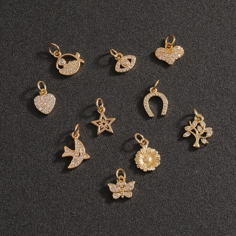 DIY Charms Pendants Gold Plated Copper Micro Pave Zircon Heart Tree Of Life Butterfly Evil Eye Small Jewelry Accessories