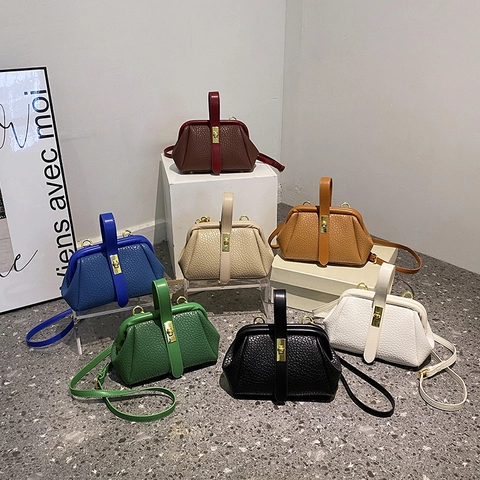 Vintage Women Handbag Textured PU Leather Shoulder Bag With Removable Strap Gold Metal Twist Lock Doctor Bag Style Purse
