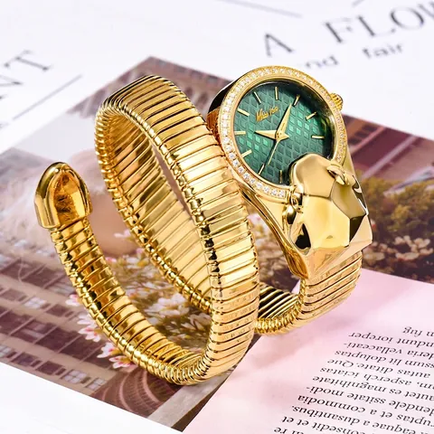 Missfox Luxurious Snake Shaped Wrap Around Bracelet Watch For Women Rhinestone Set Analog Quartz Waterproof Wrist Watch Jewelry Gift