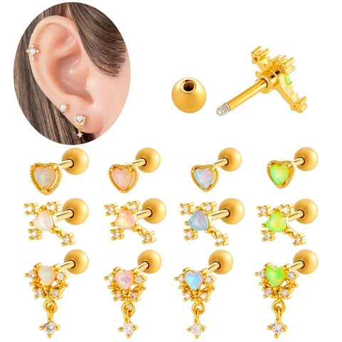Heart Shape Opal Cartilage Stud Earring Stainless Steel Zircon Body Piercing Jewelry Screw Back Minimalist For Women