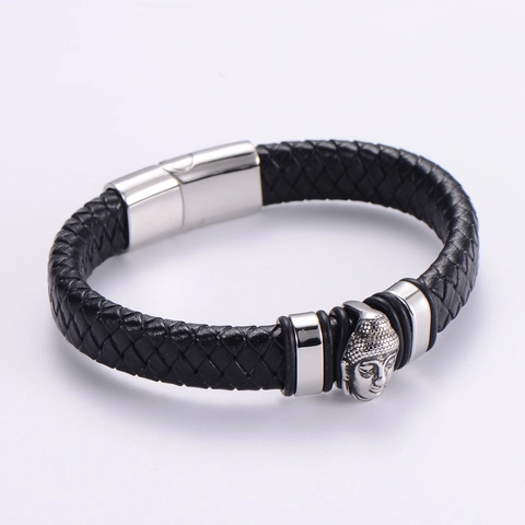 Herren Geflochtenes Lederarmband Mit Edelstahl Buddha Kopf Anhänger Und Magnetverschluss Ethno Stil Schwarz