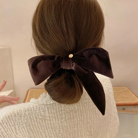 Vintage French Velvet Bow Scrunchie Elastic Hair Tie Large Hairband With Golden Pendant Elegant For Women