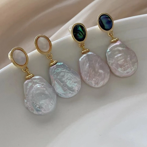 Vintage Baroque Freshwater Pearl Drop Earrings For Women 925 Sterling Silver Earring Post Copper Gold Plated Shell Earrings