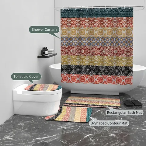 Böhmischer Mandala Wasserdichter Duschvorhang Und Badematte Teppiche Badezimmer Zubehör Polyester Rutschfester Toilettendeckel Bezug