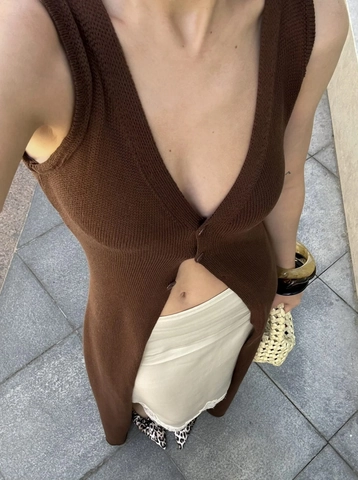 Women Maxi Dress Sleeveless Cotton Knit V Neck Front Slit Buttoned Slim Fit Solid Color Streetwear Long Vest