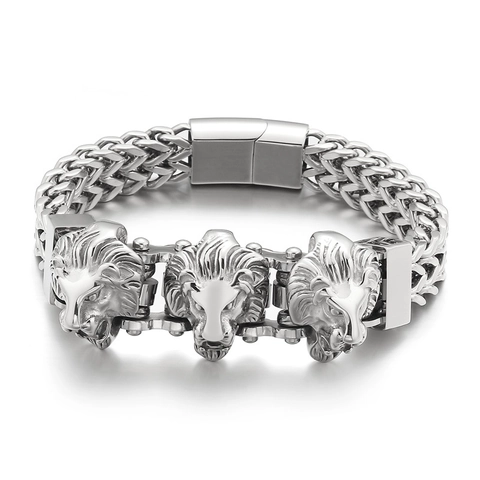 Bracciale A Catena In Acciaio Inossidabile Uomo Testa Di Leone Lupo Teschio Punk Gotico Gioielli In Titanio Chiusura Magnetica