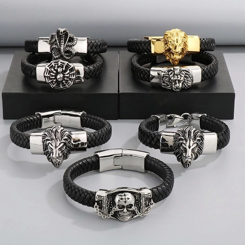 Men Woven Leather Bracelet Stainless Steel Lion Head Snake Skull Spider Animal Charms Punk Gothic Vintage Jewelry