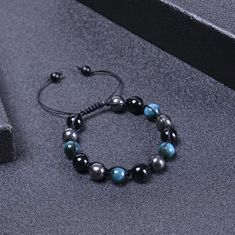 Natural Blue Tiger Eye And Black Onyx Hematite Beaded Bracelet Hand Woven Adjustable Rope String Jewelry Unisex
