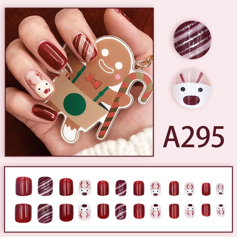 Christmas Reindeer Press On Nails Glitter Stripe Pattern Detachable False Nails Cute Holiday Style Resin Artificial Nails For Women