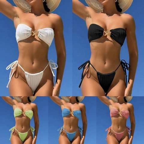 Bikini Swimwear Ribbed Texture Bandeau Top And Tie Side Bottom With Starfish Metal Buckle Sexy Beach Women