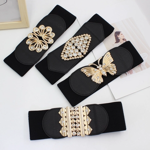 Cinturón Ancho Elástico Para Mujer Cuero PU Rhinestone Mariposa Hebilla De Interbloqueo Corsé Para Vestidos