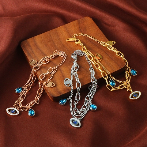 Evil Eye Necklace And Bracelet Double Layer Stainless Steel Blue Rhinestone Drop Pendant Fashion Jewelry For Women Elegant
