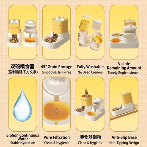 Automatic Pet Feeder Waterer Dispenser Gravity Siphon PP Plastic Cute Cat Ear Design For Cats Small Dogs Detachable